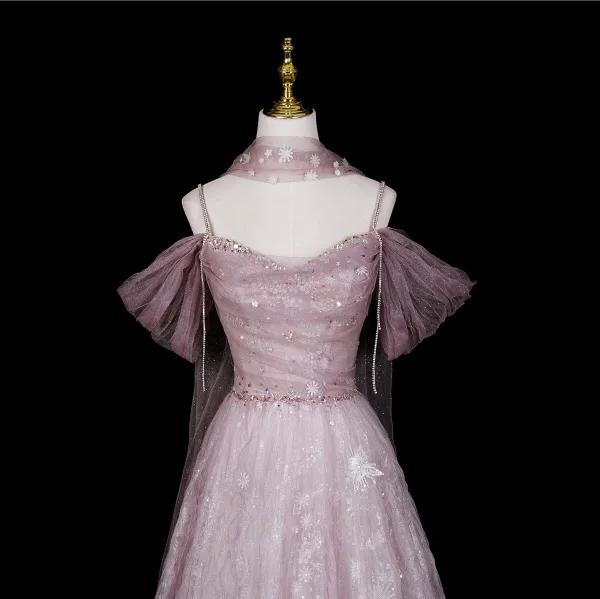 Charming Blushing Pink Beading Rhinestone Sequins Prom Dresses 2026 A-Line / Princess Off-The-Shoulder Short Sleeve Backless Floor-Length / Long Formal Dresses