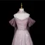 Charming Blushing Pink Beading Rhinestone Sequins Prom Dresses 2026 A-Line / Princess Off-The-Shoulder Short Sleeve Backless Floor-Length / Long Formal Dresses