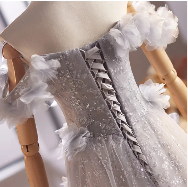 Chic / Belle Gris Appliques Paillettes Robe De Bal 2025 Princesse De l'épaule Sans Manches Dos Nu Longue Robe De Ceremonie