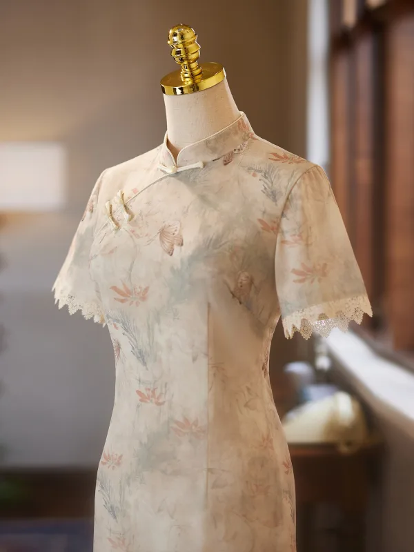 Chinese style Beige Printing Tea-length Cheongsam 2025 Trumpet / Mermaid High Neck Short Sleeve Evening Party Cheongsam / Qipao