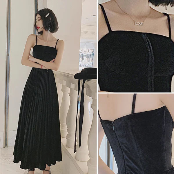 Chic / Beautiful Black Suede Prom Dresses 2022 A-Line / Princess Spaghetti Straps Sleeveless Backless Floor-Length / Long Prom Formal Dresses
