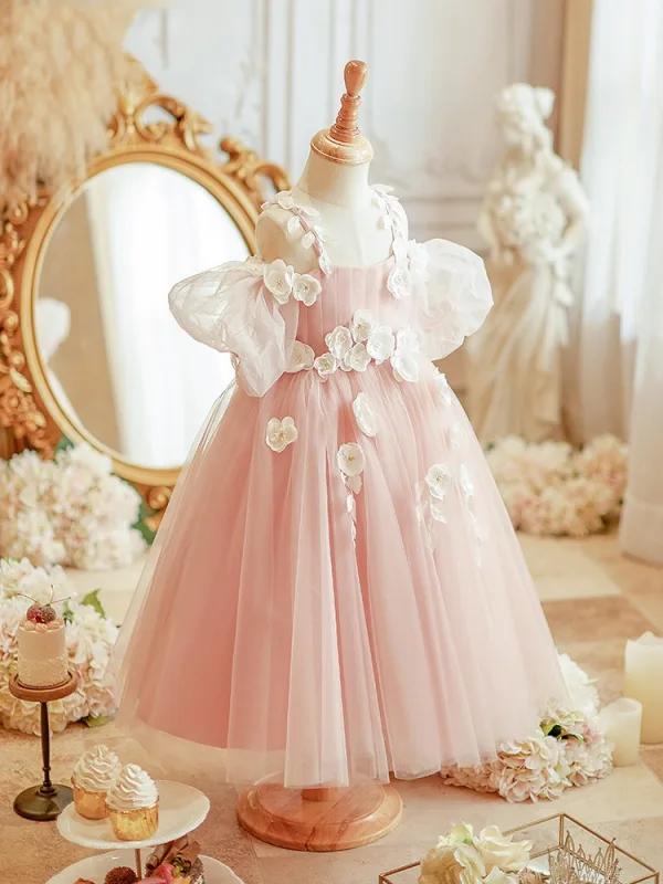 Flower Fairy Blushing Pink Appliques Birthday Flower Girl Dresses 2024 Ball Gown Spaghetti Straps Short Sleeve Backless Floor-Length / Long Tulle