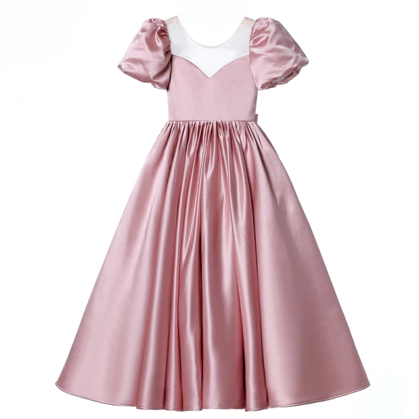 Chic / Beautiful Candy Pink Birthday Flower Girl Dresses 2022 A-Line / Princess Scoop Neck Puffy Short Sleeve Backless Bow Floor-Length / Long Flower Girl Dresses