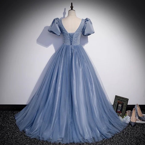 Chic / Beautiful Sky Blue Beading Pearl Sequins Prom Dresses 2023 A-Line / Princess Scoop Neck Short Sleeve Backless Floor-Length / Long Prom Formal Dresses
