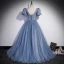 Chic / Beautiful Sky Blue Beading Pearl Sequins Prom Dresses 2023 A-Line / Princess Scoop Neck Short Sleeve Backless Floor-Length / Long Prom Formal Dresses