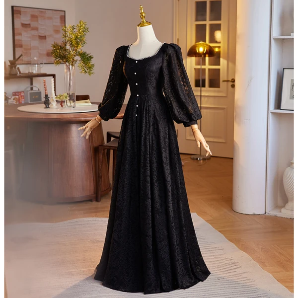 Elegant Black Winter Pearl Lace Prom Dresses 2024 A-Line / Princess Square Neckline Long Sleeve Backless Floor-Length / Long Prom Formal Dresses