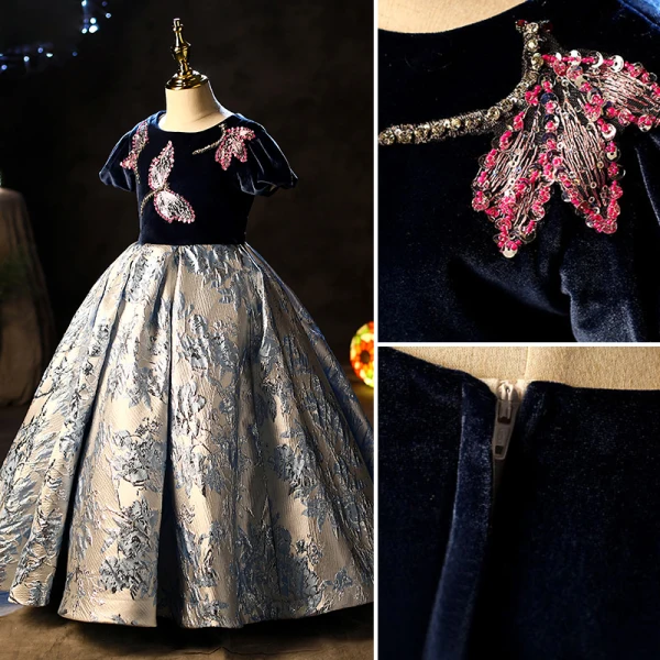 Chic / Beautiful Navy Blue Beading Sequins Birthday Flower Girl Dresses 2022 Ball Gown Scoop Neck Short Sleeve Floor-Length / Long Flower Girl Dresses