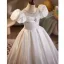 Chic / Beautiful White Satin Wedding Flower Girl Dresses 2026 Ball Gown Scoop Neck Puffy Short Sleeve Backless Floor-Length / Long