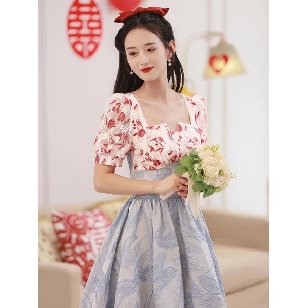 Chic / Belle Rouge En Dentelle Fleur Robe De Bal 2022 Princesse Encolure Carrée Manches Courtes Dos Nu Thé Longueur Promo Robe De Ceremonie