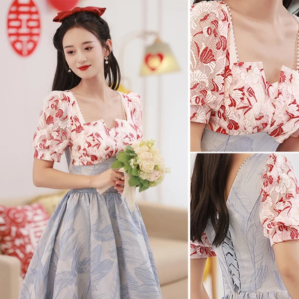 Chic / Belle Rouge En Dentelle Fleur Robe De Bal 2022 Princesse Encolure Carrée Manches Courtes Dos Nu Thé Longueur Promo Robe De Ceremonie