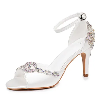 Mooie Prachtige Witte Rhinestone Bruidsschoenen 2026 Enkelband 8 Cm Naaldhakken Stiletto Peep Toe Huwelijk Sandalen Hoge Hakken