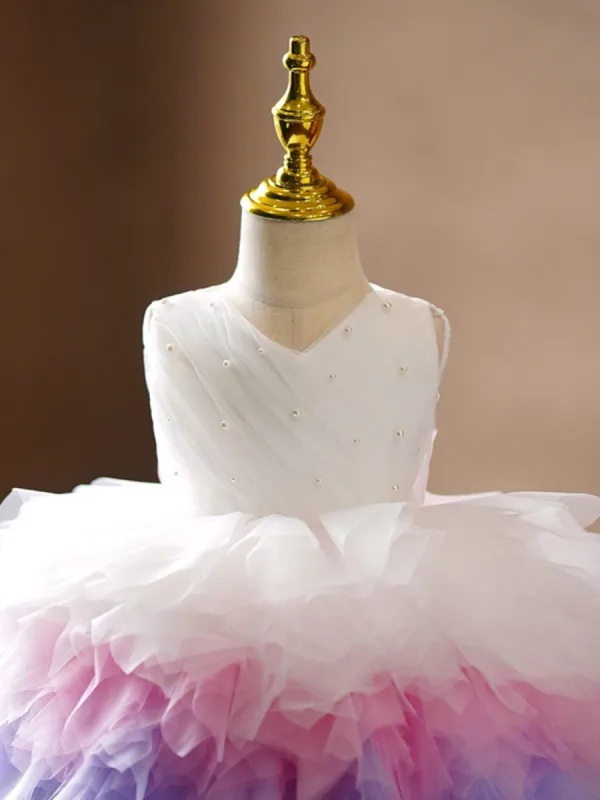 Schöne Multifarben Perle Kurze Fallende Rüsche Geburtstag Blumenmädchenkleider 2023 Ballkleid V-Ausschnitt Ärmellos