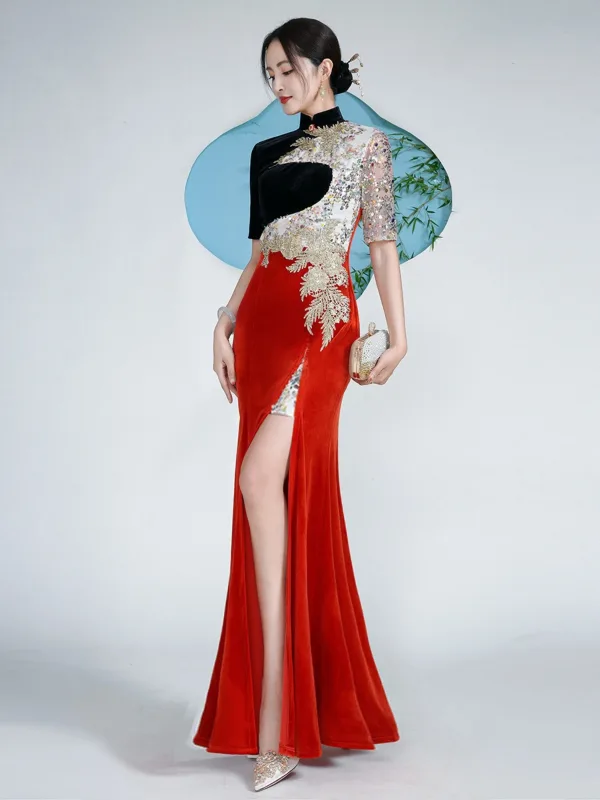 Amazing / Unique Chinese style Burgundy Beading Sequins Lace Flower Velvet Split Front Cheongsam 2025 Trumpet / Mermaid High Neck Short Sleeve Floor-Length / Long Evening Party