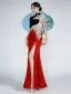 Amazing / Unique Chinese style Burgundy Beading Sequins Lace Flower Velvet Split Front Cheongsam 2025 Trumpet / Mermaid High Neck Short Sleeve Floor-Length / Long Evening Party