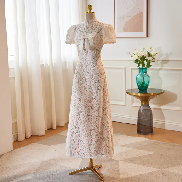 Chinese style White Lace Flower Prom Dresses 2023 A-Line / Princess High Neck Pearl Bow Short Sleeve Backless Tea-length Prom Formal Dresses