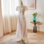Chinese style White Lace Flower Prom Dresses 2023 A-Line / Princess High Neck Pearl Bow Short Sleeve Backless Tea-length Prom Formal Dresses