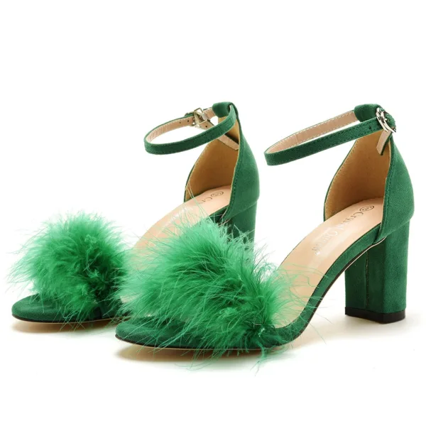 Simple Rougissant Rose Vêtement de rue Désinvolte Été Sandales Femme 2023 Bride Cheville Plumes 7 cm Talons Épais Peep Toes / Bout Ouvert Sandales Talons Hauts