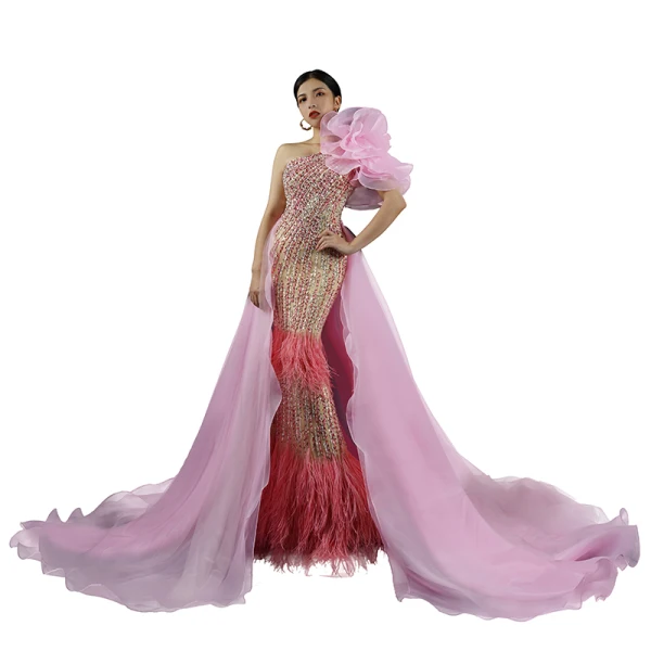 Luxus / Herrlich Rosa Applikationen Perlenstickerei Pailletten Abendkleider 2023 Meerjungfrau One-Shoulder Ärmellos Rückenfreies Quaste Hof-Schleppe Abend Festliche Kleider