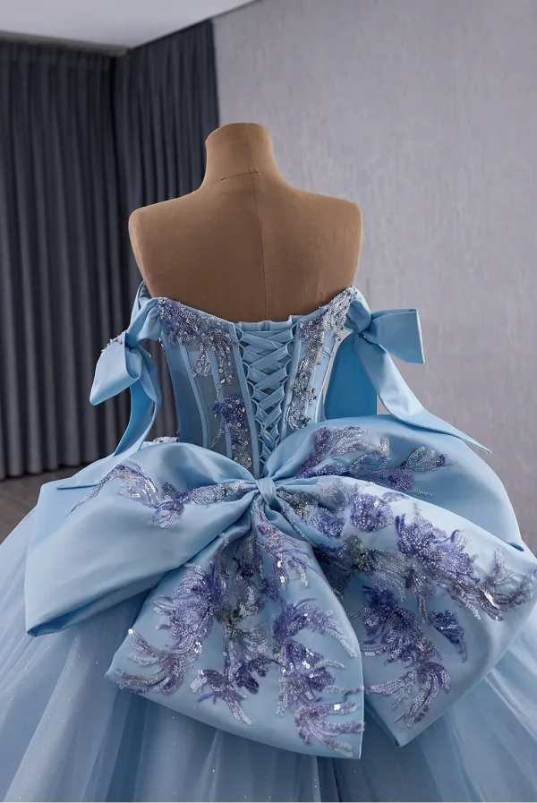 Luxury / Gorgeous Sky Blue Handmade  Beading Sequins Lace Flower Prom Dresses 2025 Ball Gown Off-The-Shoulder Sleeveless Backless Bow Floor-Length / Long