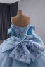 Luxury / Gorgeous Sky Blue Handmade  Beading Sequins Lace Flower Prom Dresses 2025 Ball Gown Off-The-Shoulder Sleeveless Backless Bow Floor-Length / Long