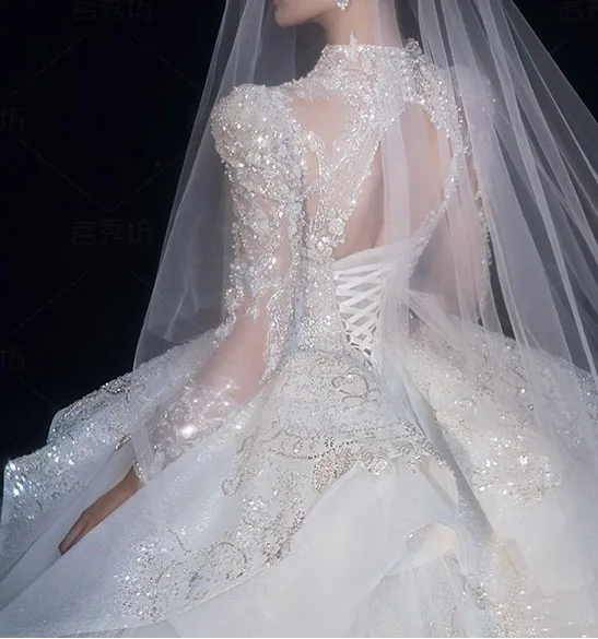 Luxury / Gorgeous White Beading Rhinestone Sequins Wedding Dresses 2024 Ball Gown High Neck Long Sleeve Backless Royal Train Wedding
