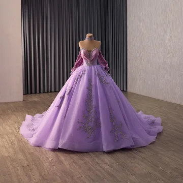 Haut De Gamme Violet Fait Main Perlage Perle Faux Diamant Paillettes Robe De Bal 2026 Robe Boule Amoureux Sans Manches Dos Nu Chapel Train Robe De Ceremonie