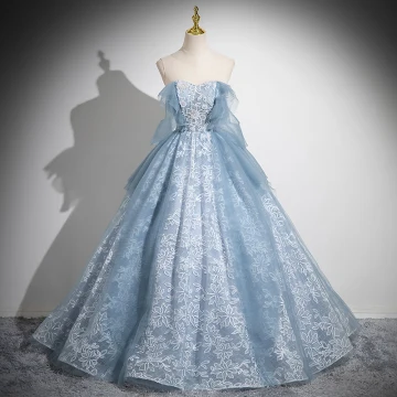 Chic Belle Bleu Ciel En Dentelle Fleur Paillettes Robe De Bal 2024 Princesse Bustier Sans Manches Dos Nu Longue Promo Robe De Ceremonie