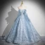 Chic / Beautiful Sky Blue Lace Flower Sequins Prom Dresses 2024 A-Line / Princess Strapless Sleeveless Backless Floor-Length / Long Prom Formal Dresses