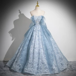 Hermoso Azul Cielo Con Encaje Flor Lentejuelas Vestidos De Gala 2024 A Line Princess Sin Tirantes Sin Mangas Sin Espalda Largos Gala Vestidos Formales