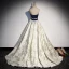 Fashion Navy Blue Satin Prom Dresses 2022 A-Line / Princess Strapless Sequins Bow Sleeveless Backless Sweep Train Formal Dresses