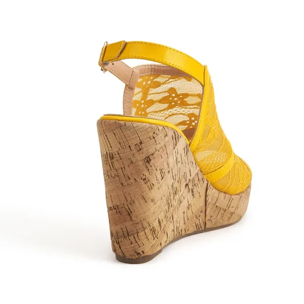 Roman Yellow Street Wear Summer Lace Womens Sandals 2022 Waterproof 10 cm Wedges Open / Peep Toe Sandals High Heels