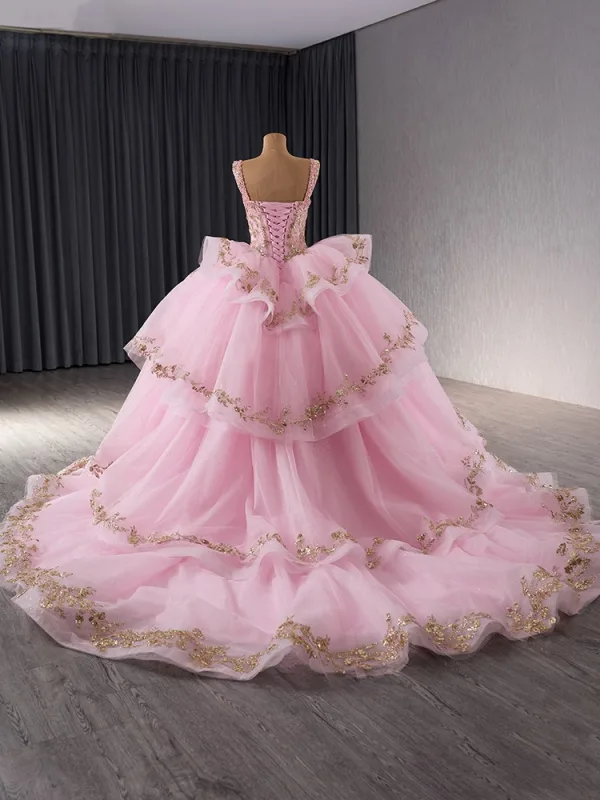 Haut de Gamme Rose Bonbon Fait main Perlage Perle Paillettes Volants en Cascade Robe De Bal 2024 Robe Boule Encolure Carrée Sans Manches Dos Nu Tribunal Train Promo Robe De Ceremonie