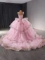 Haut de Gamme Rose Bonbon Fait main Perlage Perle Paillettes Volants en Cascade Robe De Bal 2024 Robe Boule Encolure Carrée Sans Manches Dos Nu Tribunal Train Promo Robe De Ceremonie