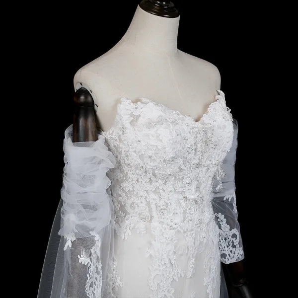 Haut de Gamme Blanche Noeud En Dentelle Fleur Perle Robe De Soirée 2026 Trompette / Sirène De l'épaule Manches Courtes Dos Nu Train De Balayage Soirée Robe De Ceremonie