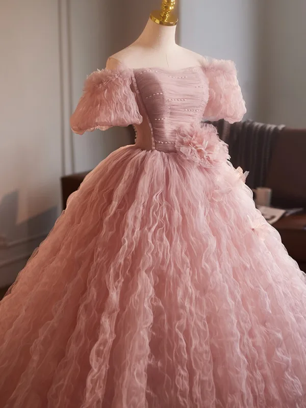 Chic / Beautiful Blushing Pink Beading Ruffle Prom Dresses 2025 Ball Gown Off-The-Shoulder Short Sleeve Backless Floor-Length / Long Prom Formal Dresses