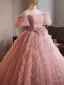 Chic / Beautiful Blushing Pink Beading Ruffle Prom Dresses 2025 Ball Gown Off-The-Shoulder Short Sleeve Backless Floor-Length / Long Prom Formal Dresses
