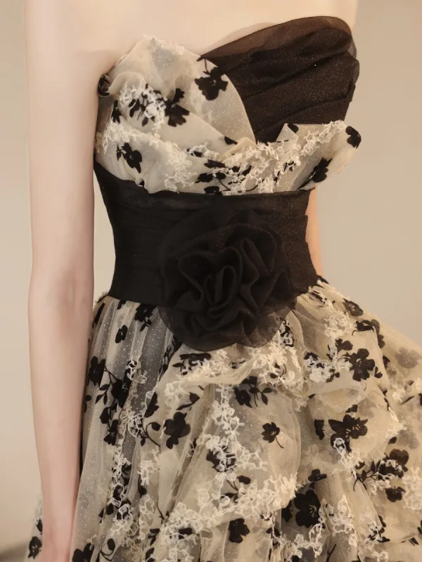 Fashion Black Flower Summer Evening Dresses 2023 A-Line / Princess Strapless Sleeveless Backless Floor-Length / Long Evening Party Formal Dresses