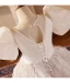 Chic / Beautiful White Pearl Tassel Birthday Flower Girl Dresses 2024 Ball Gown V-Neck Puffy Short Sleeve Backless Floor-Length / Long