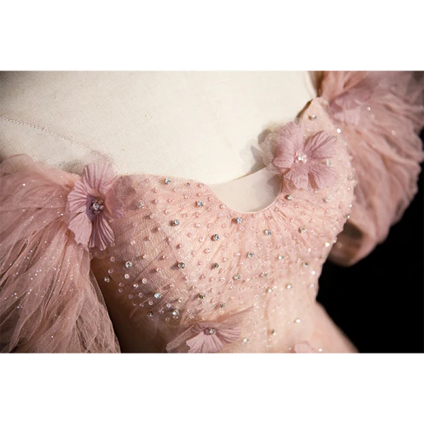 Chic / Belle Rougissant Rose Appliques Paillettes Robe De Bal 2023 Princesse De l'épaule Perle Faux Diamant Manches Courtes Dos Nu Longue Robe De Ceremonie