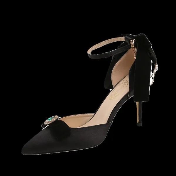 Vintage / Retro Black Rhinestone Bow Pumps 2024 Satin 9 cm Stiletto Heels Pointed Toe Pumps High Heels