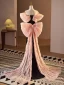 Sexy Schwarz Schleife Abendkleider 2024 Meerjungfrau Off Shoulder Kurze Ärmel Rückenfreies Sweep / Pinsel Zug Abend Festliche Kleider