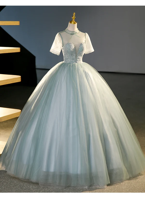 Élégant Vert Cendré Paillettes Robe De Bal 2023 Robe Boule Col Haut Manches Courtes Longue Promo Robe De Ceremonie