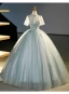 Élégant Vert Cendré Paillettes Robe De Bal 2023 Robe Boule Col Haut Manches Courtes Longue Promo Robe De Ceremonie