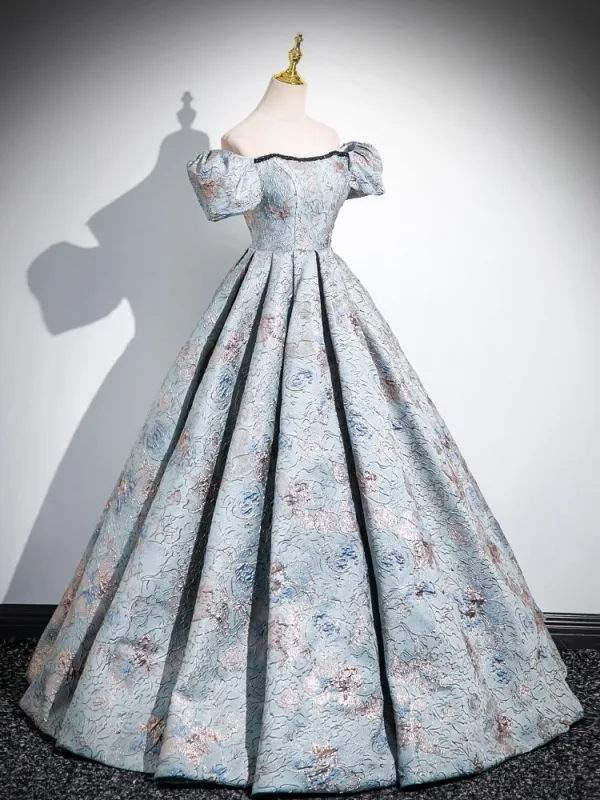 Vintage / Retro Sky Blue Printing Prom Dresses 2024 Ball Gown Square Neckline Puffy Short Sleeve Backless Floor-Length / Long Prom Formal Dresses
