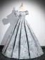 Vintage / Retro Sky Blue Printing Prom Dresses 2024 Ball Gown Square Neckline Puffy Short Sleeve Backless Floor-Length / Long Prom Formal Dresses