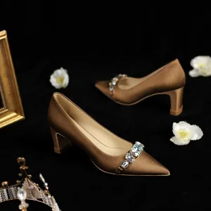 Snygga Fina Kaffe Rhinestone Bal Pumps 2024 Läder 6 Cm Tjocka Klackar Spetsiga Högklackade