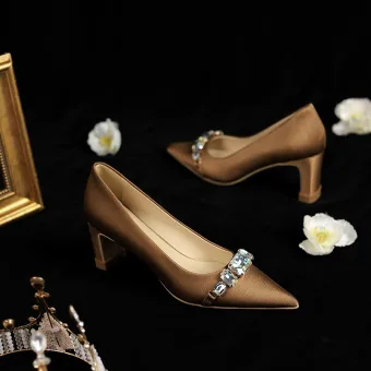 Chic Belle Café Faux Diamant Promo Escarpins 2024 Cuir 6 Cm Talons Épais À Bout Pointu Talons Hauts