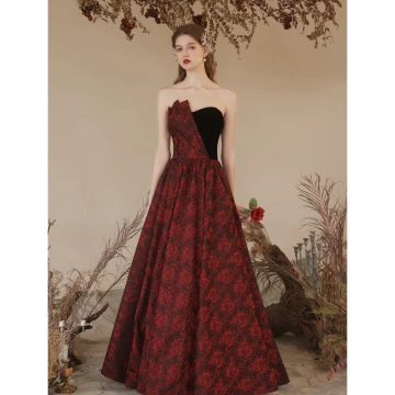 Charming Burgundy Summer Printing Evening Dresses 2023 A Line Princess Strapless Sleeveless Backless Floor Length Long Evening Party Formal Dresses