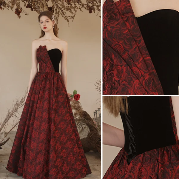 Charming Burgundy Summer Printing Evening Dresses 2023 A-Line / Princess Strapless Sleeveless Backless Floor-Length / Long Evening Party Formal Dresses