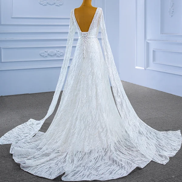 High End Weiß Perlenstickerei Pailletten Brautkleider / Hochzeitskleider 2022 A Linie Stoffgürtel V-Ausschnitt Lange Ärmel Rückenfreies Hof-Schleppe Hochzeit